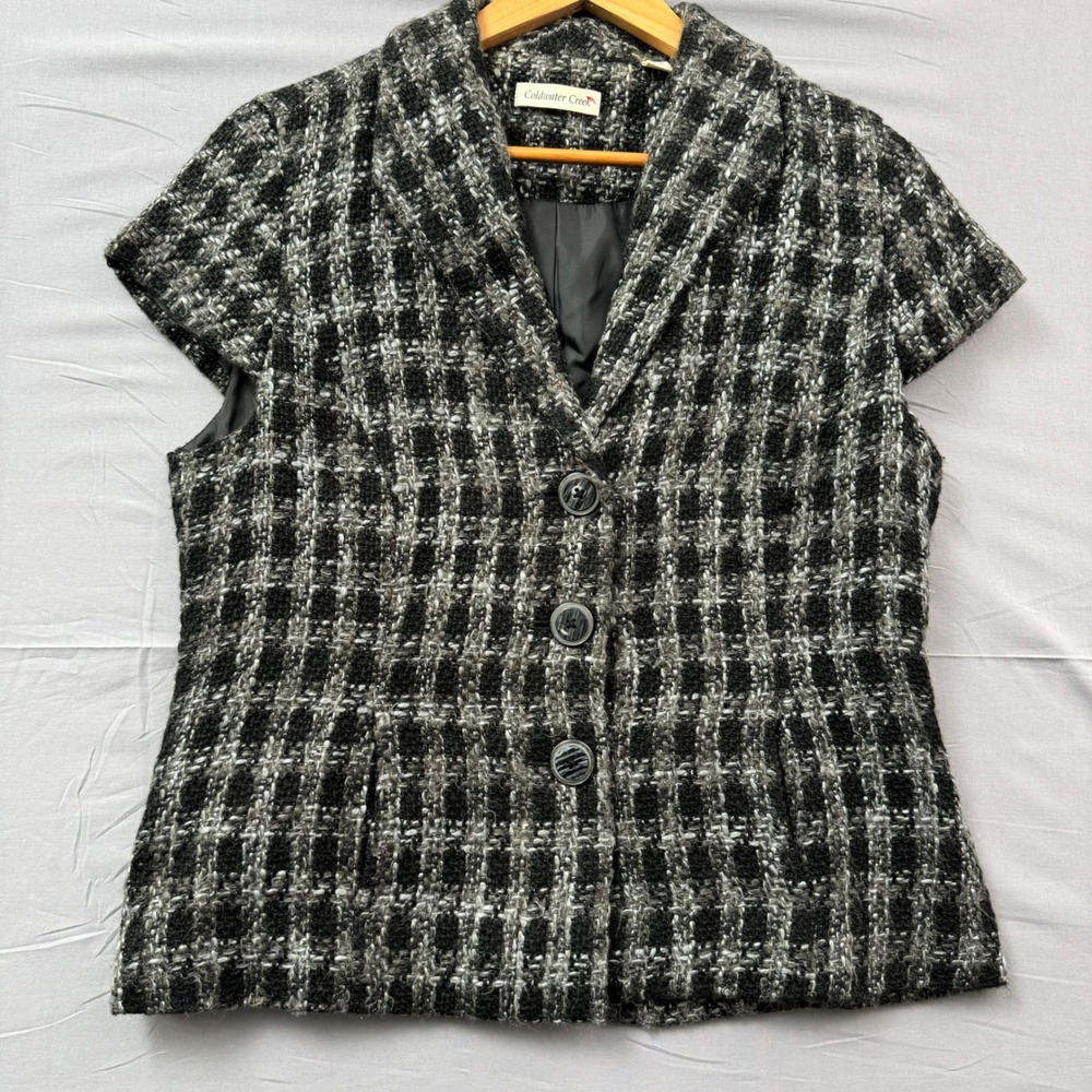 Coldwater Creek Womens Plaid Tweed Short Sleeve Blazer Jacket Black Grey Size 12